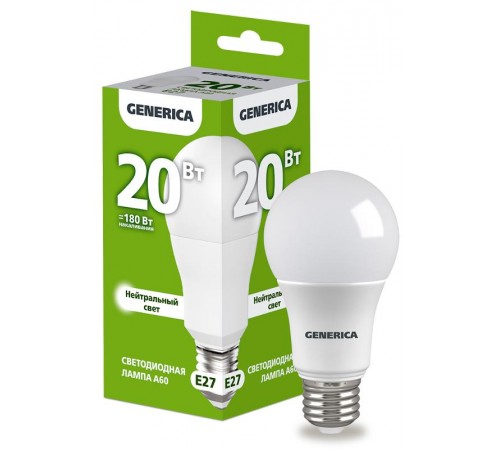 Лампа светодиодная A60 груша 20Вт 230В 4000К E27   LL-A60-20-230-40-E27-G  GENERICA