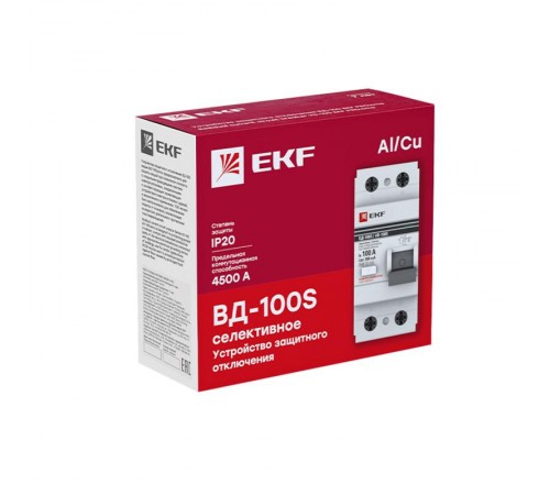 Выключатель дифференциальный (УЗО) (селективный) 2п 100А 100мА тип AC PROxima  elcb-2-100-100S-em-pro  EKF (замена - E1026MS100100)