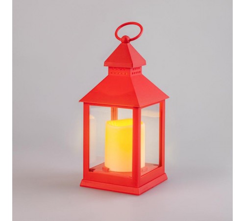 Декоративный фонарь со свечкой, красный корпус, размер 10,5х10,5х24 см, цвет теплый белый  513-059  NEON-NIGHT