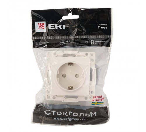 Стокгольм Механизм Розетки 1-местной с/з 16А белый с защ. штор. PROxima  EYR16-028-10  EKF