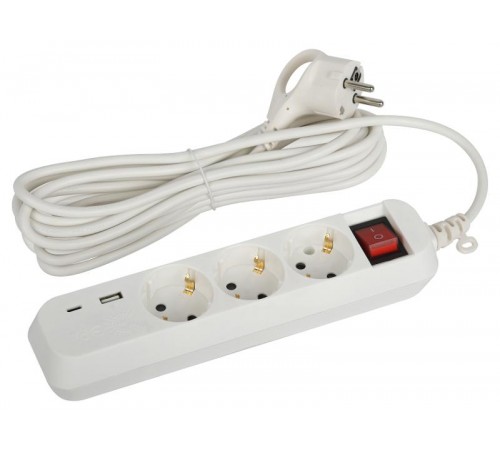 Удлинитель электрический  UB-3es-5m-USB c заземлением с выключателем 3 розетки + 1xUSBA+1xUSBC 5м 10А   Б0052899  ЭРА