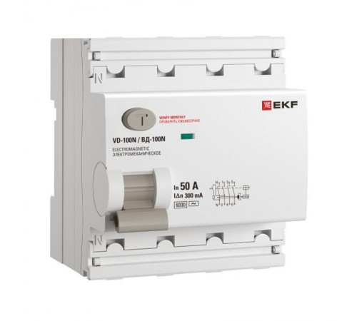 Выключатель дифференциального тока ВД-100N 4P 50А 300мА тип AC эл-мех 6кА PROXIMA EKF  E1046M50300  EKF