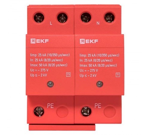 Устройство защиты от импульсных перенапряжений Класс 1 Iimp 25kA (10/350s) 2P  spd-t1-2p  EKF