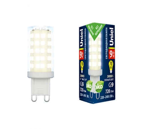Лампа светодиодная LED-JCD-9W/3000K/G9/CL GLZ09TR LED, прозр 3000К  UL-00006488  Uniel