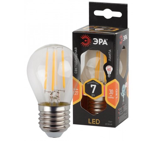 Лампа светодиодная F-LED P45-7W-827-E27 Лампы СВЕТОДИОДНЫЕ F-LED ЭРА (филамент, шар, 7Вт, тепл, E27)  Б0027948  ЭРА