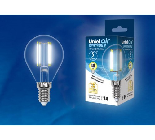 Лампа светодиодная LED-G45-5W/NW/E14/CL/DIM GLA01TR LED диммируемая. "шар", прозр серия Air. 4000K  UL-00002870  Uniel