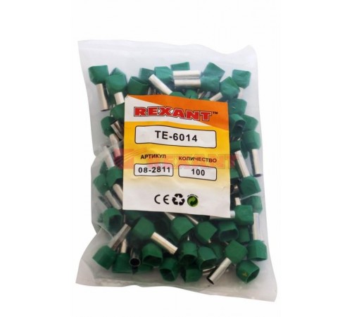 Наконечник штыревой втулочный изолированный F-14 мм 2х6 мм (НШВи(2) 6.0-14/НГи2 6,0-14) зеленый  08-2811  REXANT