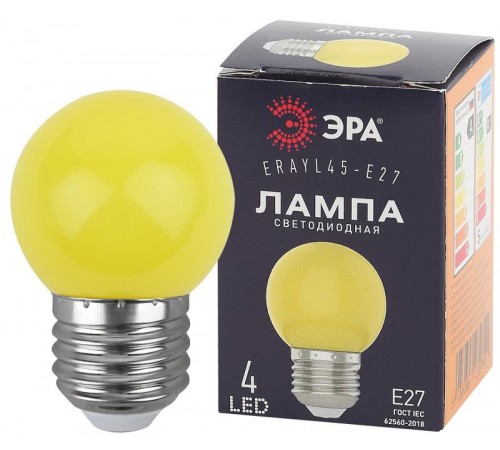 Лампы cветодиодные ERAYL45-E27 LED Р45-1W-E27 (диод. шар, желт., 4SMD, 1W, E27, для белт-лайт) (10/100/6000)  Б0049576  ЭРА