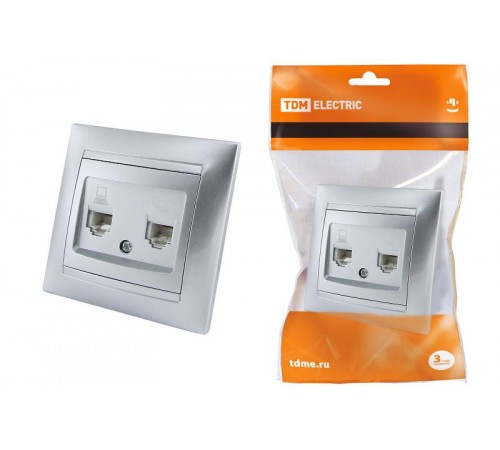 Розетка телефонная RJ11 + компьютерная RJ45 серебр. металлик "Лама"   SQ1815-0219  TDM