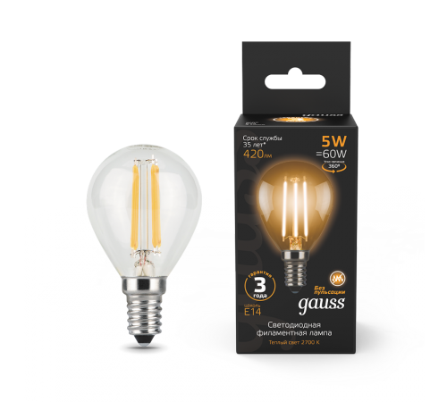 Лампа светодиодная LED 5Вт E14 220В 2700К шар  105801105  Gauss