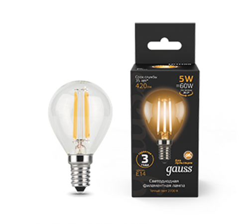 Лампа светодиодная LED 5Вт E14 220В 2700К шар  105801105  Gauss