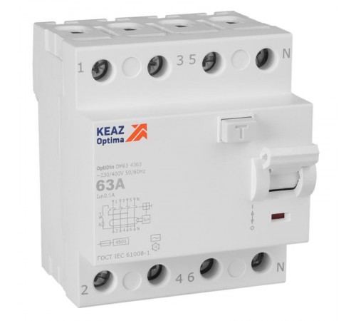 Выключатель дифференциального токаOptiDin DM63-4363-AC-4,5-УХЛ4 (4P, 63, 100mA)  343899  КЭАЗ
