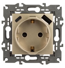 Розетка ЭРА Elegance 14-4108-04 со шторками, 2P+E 16A-250В, с USB type-A+C 5В-3А, шампань  Б0067740  ЭРА