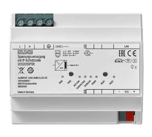 KNX блок питания, 320mA, с IP-интерфесом, монтаж на DIN-рейку, 4 модуля; KNX  203201SIPSR  Jung