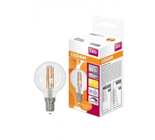 Лампа светодиодная филаментная LED STAR Classic P 5W, прозрачная колба, Е14 LSCLP60D 5W/827 230V FIL E14 10X1RU  4058075230415  Osram