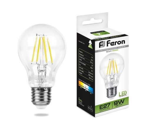 Лампа светодиодная LB-63 (9W) 230V E27 4000K филамент A60 прозрачная  25632  FERON