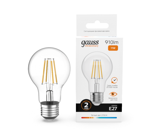 Лампа светодиодная   Filament Elementary А60 11W 910lm 2700К Е27 LED 1/10/50  22211  Gauss