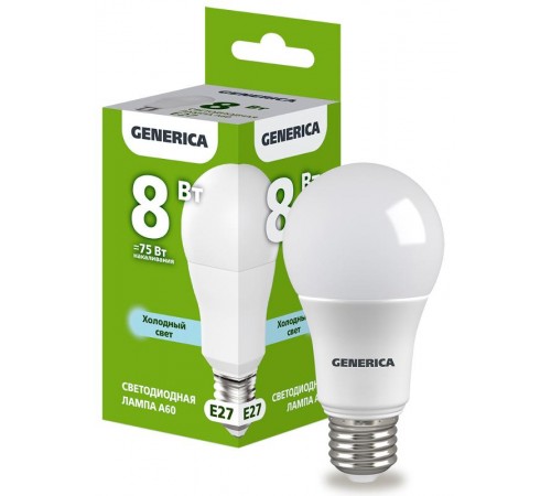 Лампа светодиодная A60 груша 8Вт 230В 6500К E27   LL-A60-08-230-65-E27-G  GENERICA