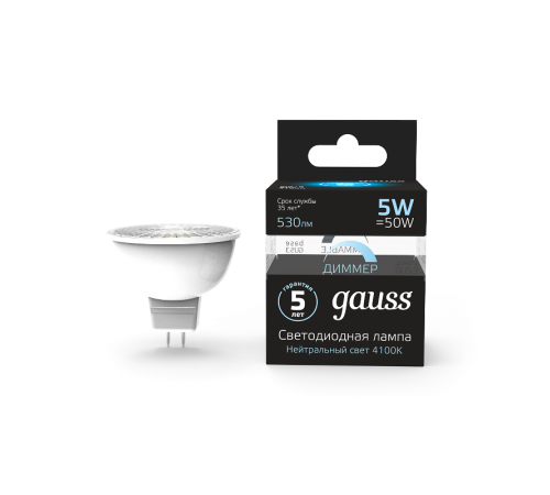 Лампа светодиодная LED 5Вт GU5.3-dim 220В 4100К MR16 диммируемая  101505205-D  Gauss