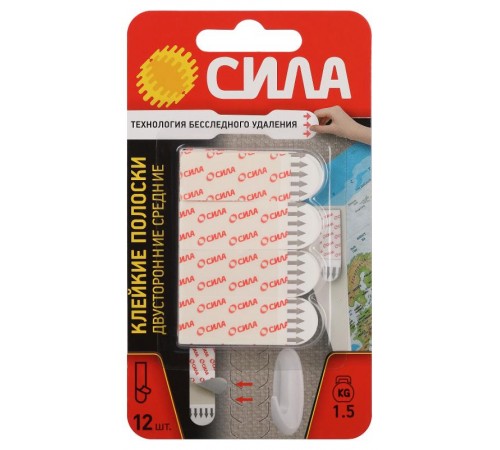 Клейкие полоски СИЛА SDSS-M-W12 двусторонние сменные средние 12 шт, до 1,5 кг белые   Б0065000  СИЛА