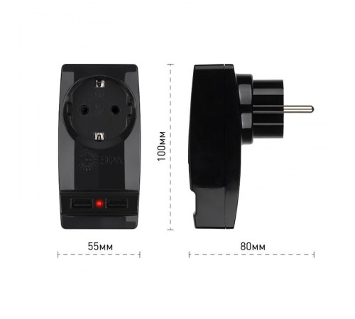 Адаптер SP-1e-USB-B "Polynom" 1гн 220V + 2xUSB 2100mA, c заземл, (черный)  Б0026333  ЭРА