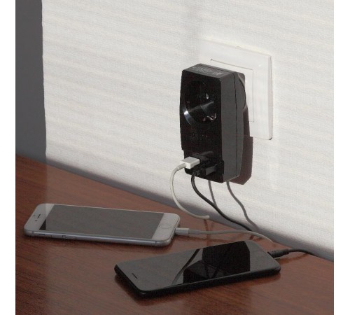 Адаптер SP-1e-USB-B "Polynom" 1гн 220V + 2xUSB 2100mA, c заземл, (черный)  Б0026333  ЭРА