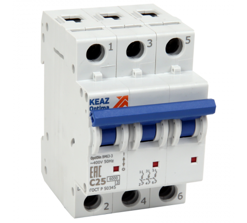 Выключатель автоматический трехполюсный на переменный ток OptiDin BM63-3C2-10-ОМ4-РЕГ   338676  КЭАЗ