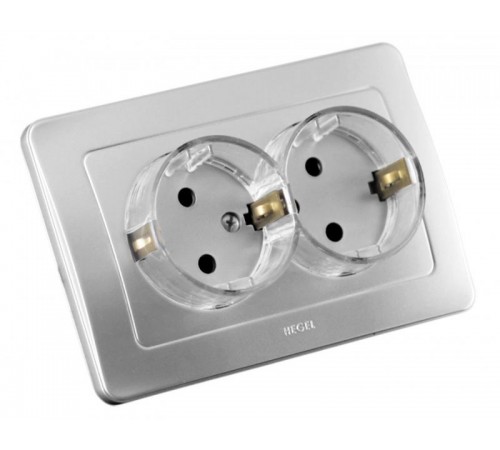 Розетка скрытой установки, двухместная, с заземляющим контактом, цвет серебро  РС16-381-06  HEGEL