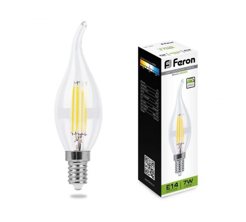 Лампа светодиодная LB-167 (7W) 230V E14 4000K филамент C35T диммируемая прозрачная  25873  FERON