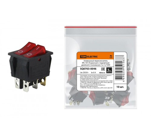 Клавишный переключатель IRS-101-R красный с подсветкой двойной 2 положения 1з+1з  SQ0703-0046  TDM