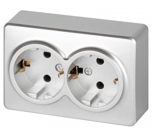 Розетка ЭРА Эксперт 11-2205-03 двойная с заземлением 2х2P+E Schuko IP20 16A-250В ОУ Алюминий  Б0063046  ЭРА