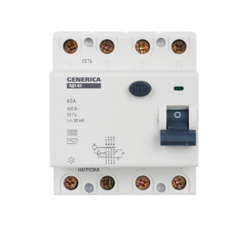 Выключатель дифференциальный (УЗО) ВД1-63 4п 40А 30мА тип AC  MDV15-4-040-030  GENERICA