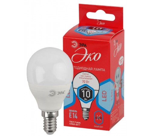Лампа светодиодная RED LINE ECO LED P45-10W-840-E14 диод, шар, 10Вт, нейтр, E14  Б0032969  ЭРА