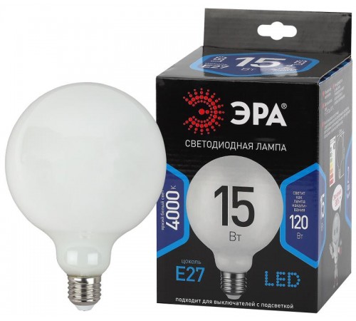 Лампа светодиодная F-LED G125-15w-840-E27 OPAL (филамент, шар опал, 15Вт, нетр, E27)  Б0047039  ЭРА