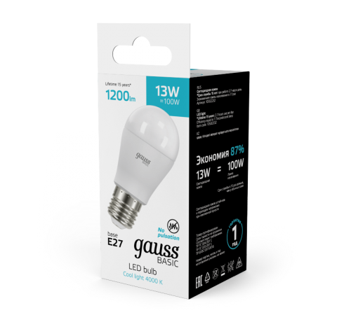 Лампа светодиодная   Basic Шар 13W 1200lm 4000K E27 LED 1/10/100  10502232  Gauss