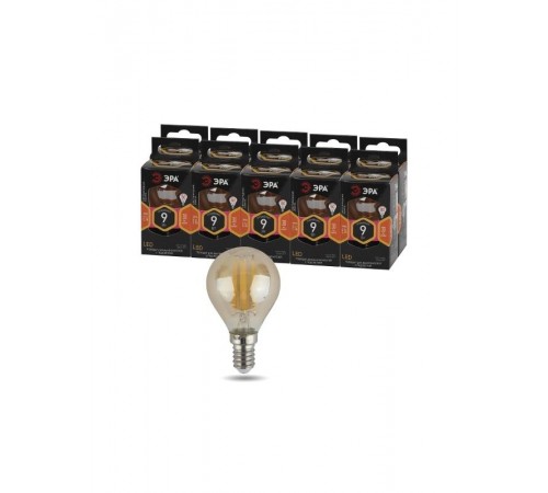 Лампа светодиодная F-LED P45-9W-827-E14 gold (филамент, шар золот, 9Вт, тепл, E14)  Б0047022  ЭРА