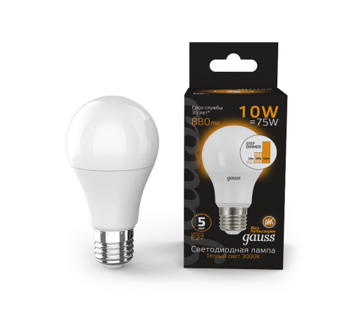 Лампа светодиодная LED 10Вт E27 220В 2700К A60, диммируемая  102502110-S  Gauss