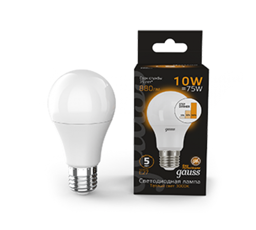 Лампа светодиодная LED 10Вт E27 220В 2700К A60, диммируемая  102502110-S  Gauss