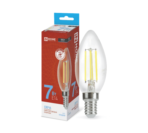 Лампа светодиодная LED-СВЕЧА-deco 7Вт 230В Е14 6500К 630Лм прозр  4690612029665  IN HOME