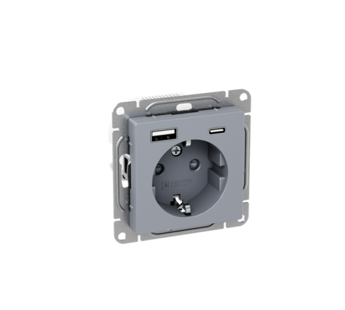 Механизм розетки с USB-A+С - 2шт, 16А, с заземлением, со шторками, алюминий Эпика EKF  UP1-SOA-111-USBA+USBC  EKF