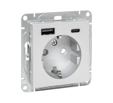 Механизм розетки с USB-A+С - 2шт, 16А, с заземлением, со шторками, алюминий Эпика EKF  UP1-SOA-111-USBA+USBC  EKF