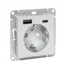 Механизм розетки с USB-A+С - 2шт, 16А, с заземлением, со шторками, алюминий Эпика EKF  UP1-SOA-111-USBA+USBC  EKF