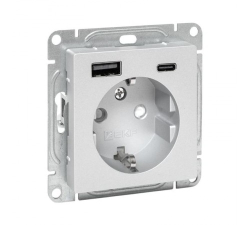 Механизм розетки с USB-A+С - 2шт, 16А, с заземлением, со шторками, алюминий Эпика EKF  UP1-SOA-111-USBA+USBC  EKF