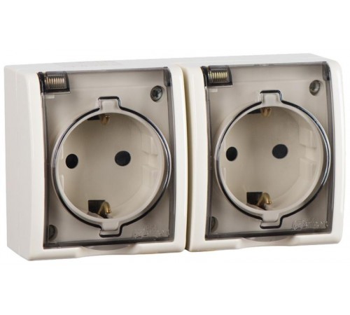 Розетка двойная IP54 с крышкой, заземлением и шторками Schuko 2x2Р+Е 16A 250В цвета слоновая кость S15 Aqua  1594443-031  Simon