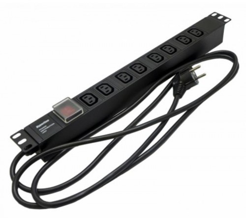 SHE19-8IEC-S-2.5EU Блок розеток для 19" шкафов, горизонтальный, 8 розеток IEC320 C13, выключатель с подсветкой, 482.6x44.4x44.4мм  426780  Hyperline