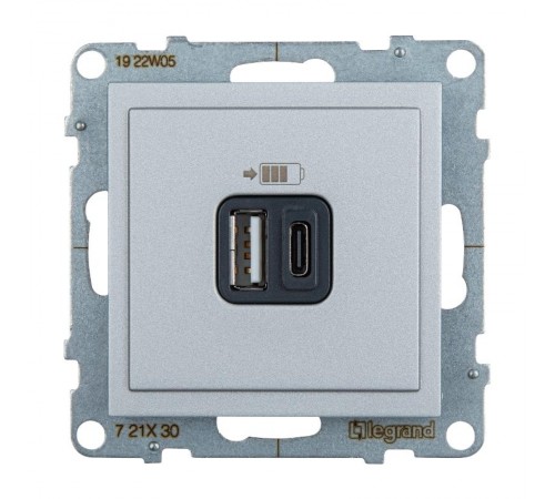 SUNO Зарядное устройство USB 2 выхода Тип А - Тип С Цвет "Алюминий"  721330  Legrand