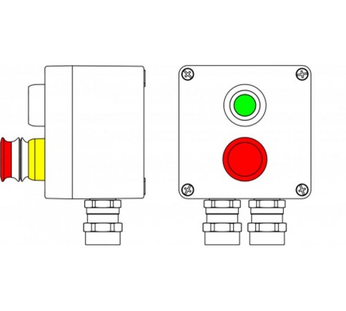 Ex пост управления из алюминия; 1Ex d e IIC T6 Gb X / Ex tb IIIB T80°CDb X / IP66; Аварийная кнопка красная, 1NC/1NO -1 шт.; Кнопка Зеленая,1NC/1NO -1