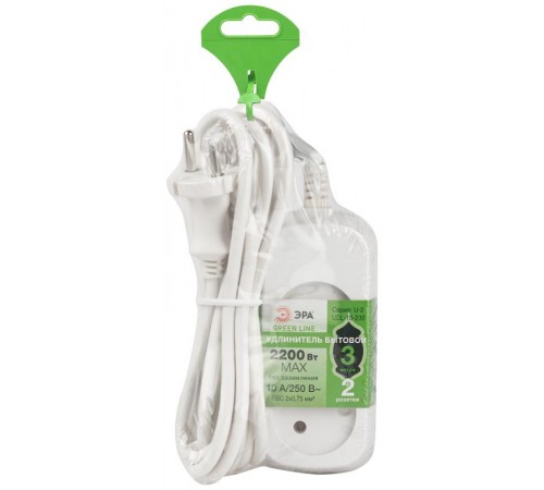 Удлинитель электрический ЭРА UDL-10-230 Greenline 2 розетки без заземления 3м ПВС 2x0.75мм2   Б0065067  ЭРА