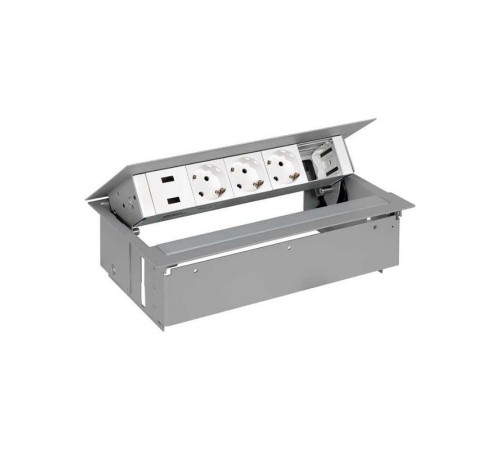 Simon S400 Врезной розеточный блок с крыш., и мет.вводом, 3x2P+E, 2xUSB заряд. уст.,1 пустой модуль алюм.,S400  45523000-133  Simon