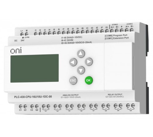 ПЛК 430 Модуль ЦПУ 4 DI 12 UI 8 RO 2 AO 24В DC EP с экр  PLC-430-CPU-16U10U-1DC-00  ONI